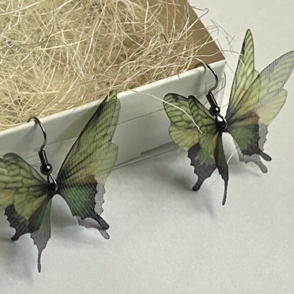 *NEW Butterfly Earrings - Green/Black - Silk - 3D - Picture 2 of 2